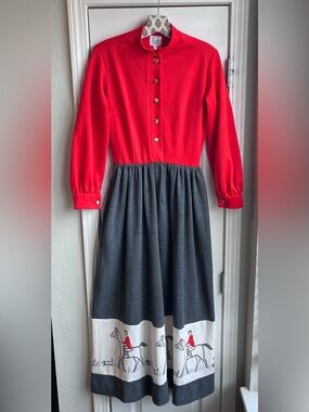 VTG 70’s The Vested Gentress Equestrian Maxi Dress Long Sleeve Red Gray Size 10